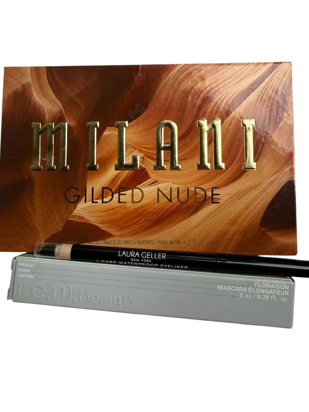 REM mascara, Laura geller eyeliner, Milani Gilded Nude Eyeshadow w Rose Gold bag - Picture 2 of 5